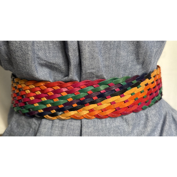Vintage Colorful Braided Belt Rainbow Size L Genuine Leather Wide Funky Artsy main image 5